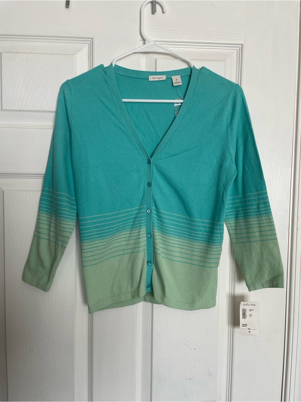 Halogen Women’s size Medium Turquoise & Mint Striped V-Neck Cardigan